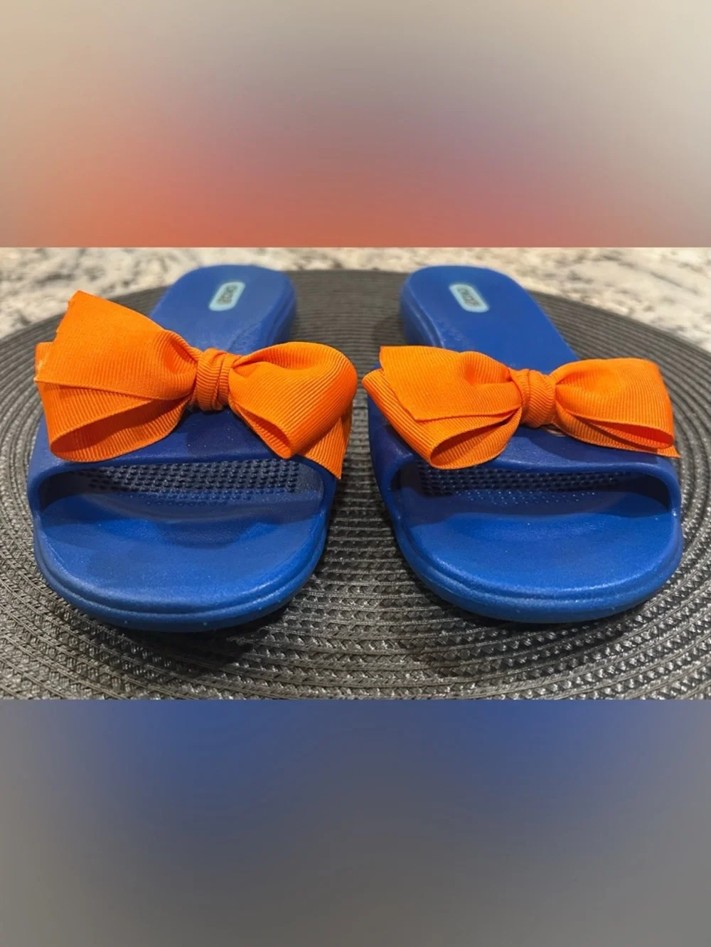 OKA b. Blue with Orange Bow Madison Slide Sandals